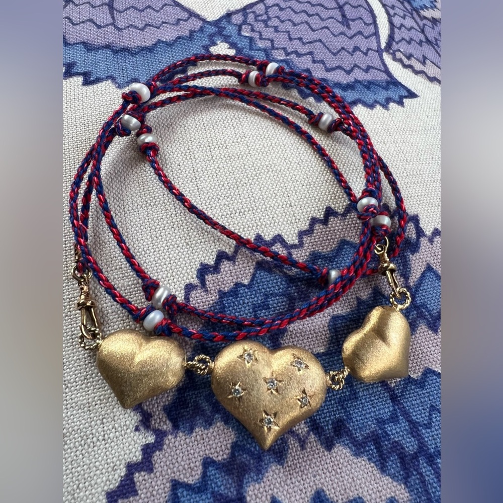 Marie Lichtenberg Triple Gold Heart Charm necklace with Diamonds